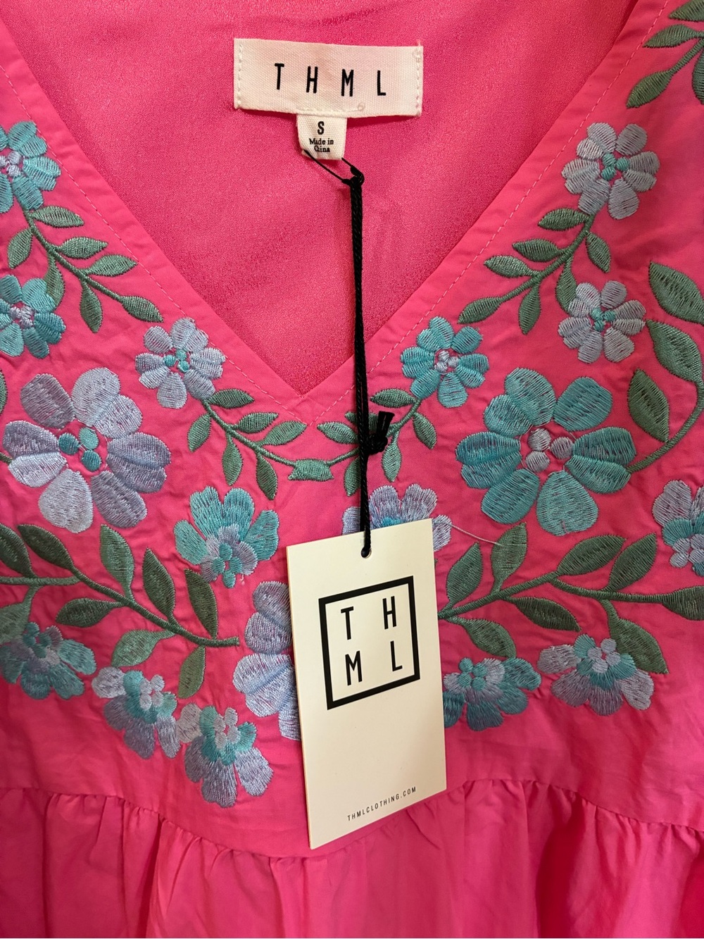 THML Girls' Bright Pink Dress with Blue Floral Embroidery - Picture 4 of 7